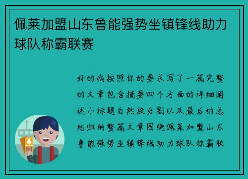 佩莱加盟山东鲁能强势坐镇锋线助力球队称霸联赛